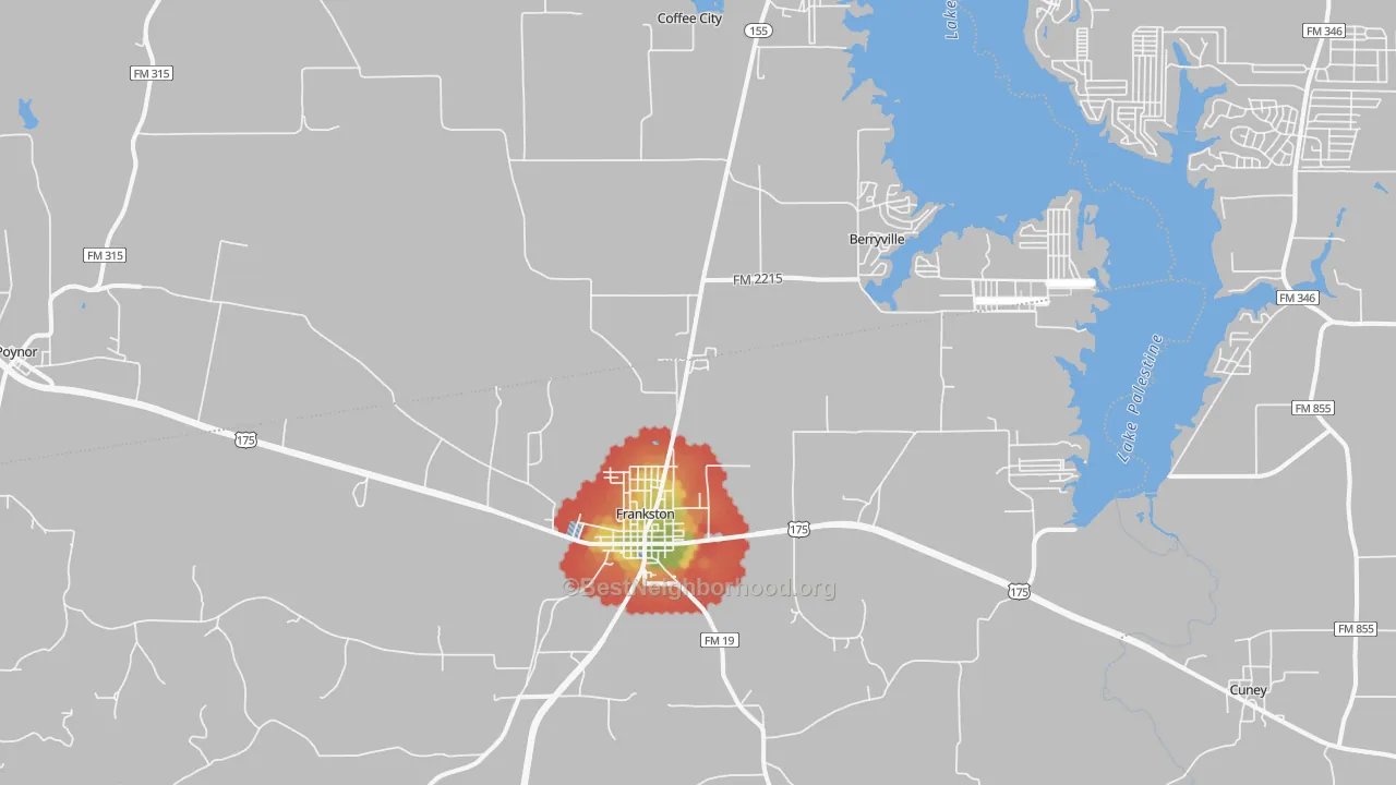 Walk Grade map of Frankston, TX, walkable areas in green and car-dependent areas in red