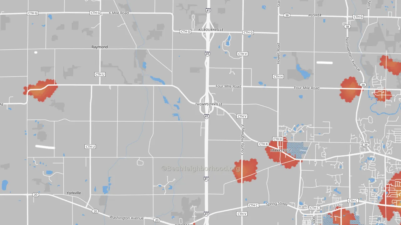 Walk Grade map of Franksville, WI, walkable areas in green and car-dependent areas in red