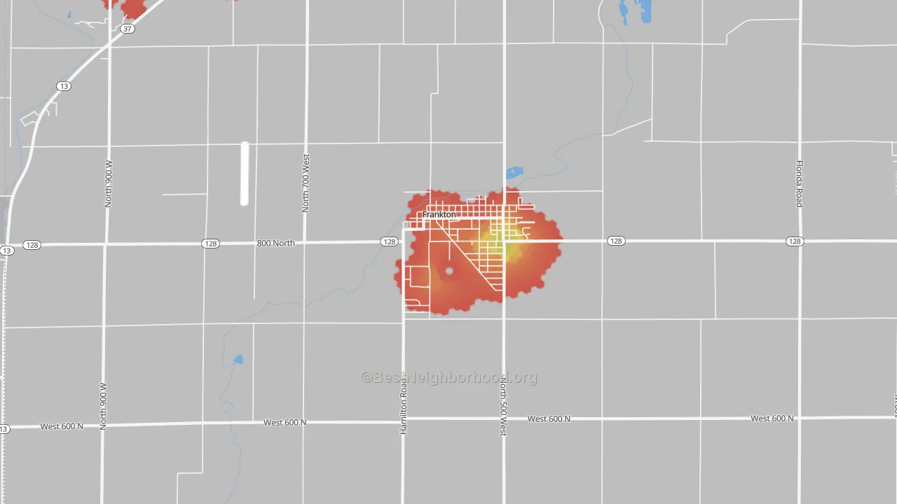 Walk Grade map of Frankton, IN, walkable areas in green and car-dependent areas in red