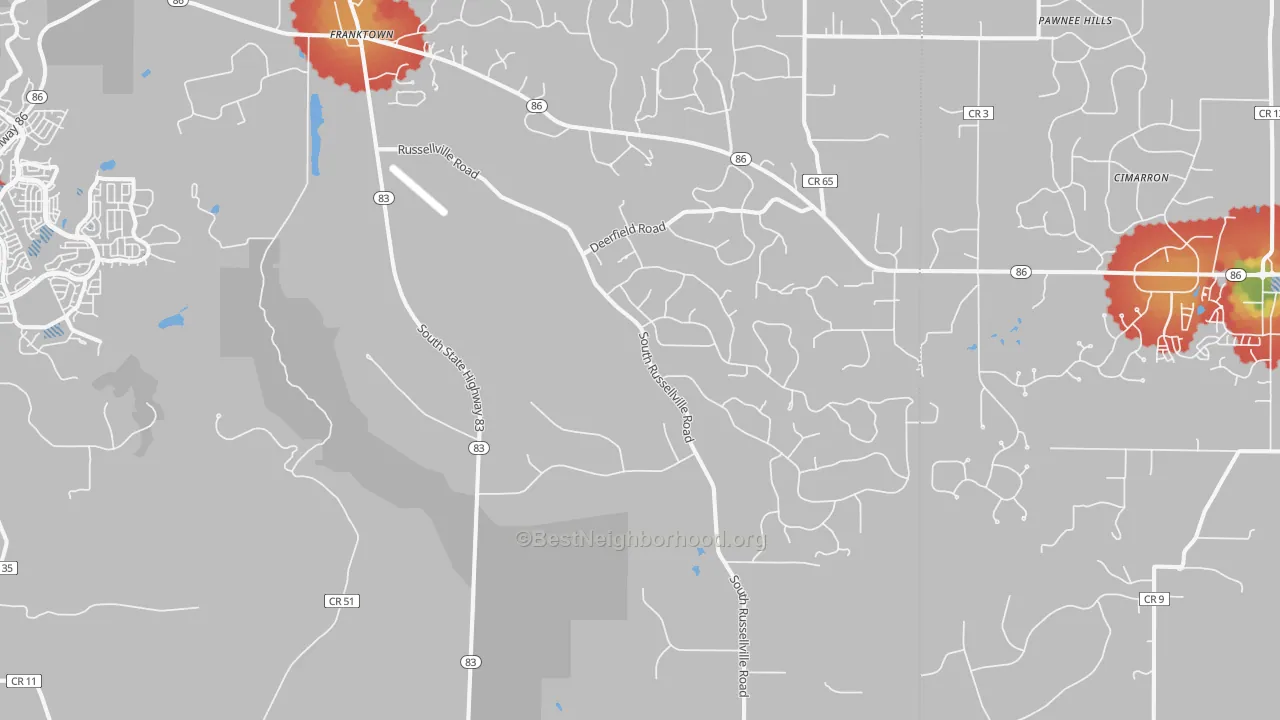 Walk Grade map of Franktown, CO, walkable areas in green and car-dependent areas in red