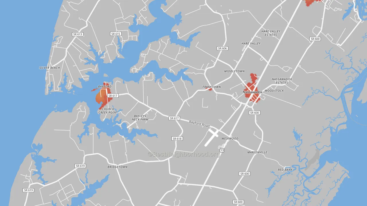 Walk Grade map of Franktown, VA, walkable areas in green and car-dependent areas in red