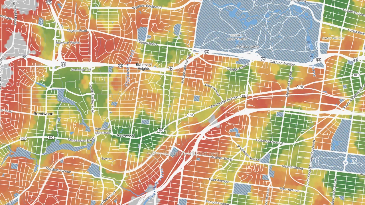 Walk Grade map of Franz Park, St. Louis, MO, walkable areas in green and car-dependent areas in red