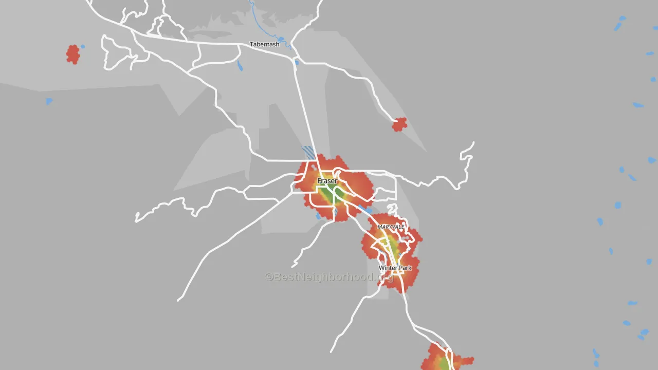 Walk Grade map of Fraser, CO, walkable areas in green and car-dependent areas in red