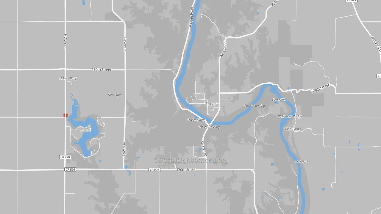 Walk Grade map of Fraser, IA, walkable areas in green and car-dependent areas in red