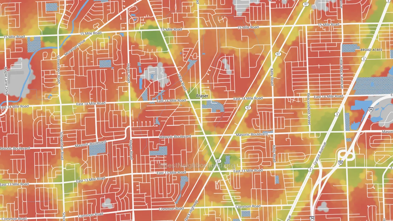 Walk Grade map of Fraser, MI, walkable areas in green and car-dependent areas in red