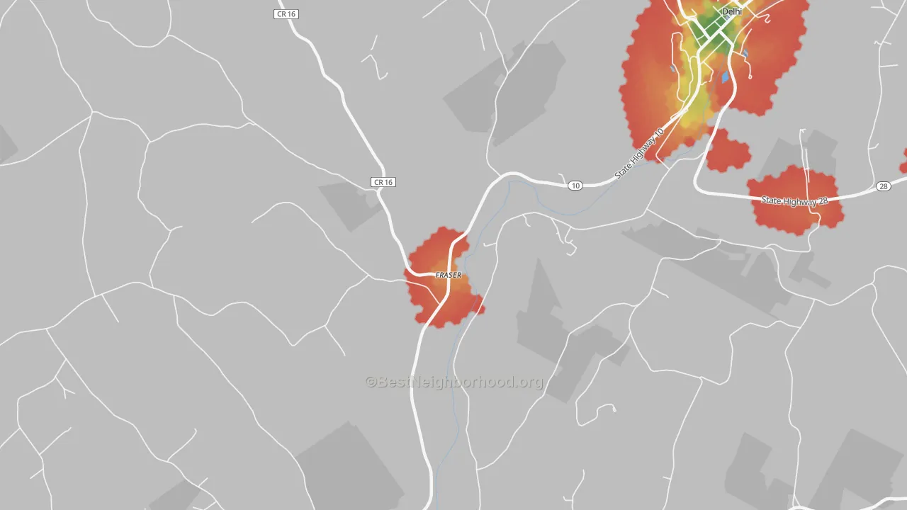 Walk Grade map of Fraser, NY, walkable areas in green and car-dependent areas in red
