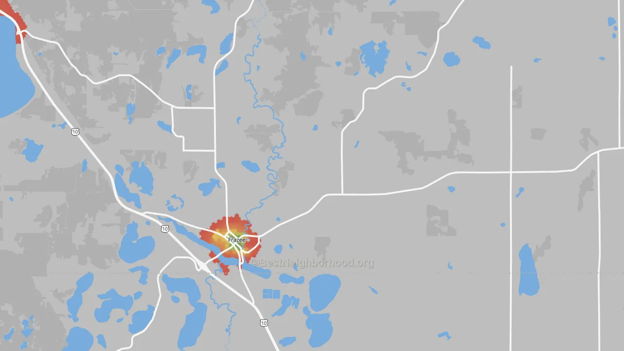 Walk Grade map of Frazee, MN, walkable areas in green and car-dependent areas in red