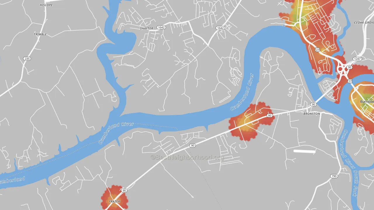 Walk Grade map of Frazer, KY, walkable areas in green and car-dependent areas in red