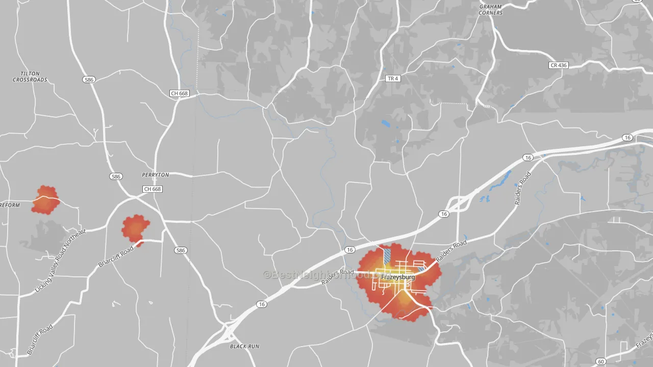 Walk Grade map of Frazeysburg, OH, walkable areas in green and car-dependent areas in red