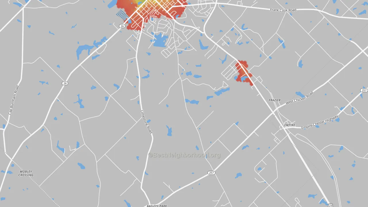 Walk Grade map of Frazier, GA, walkable areas in green and car-dependent areas in red