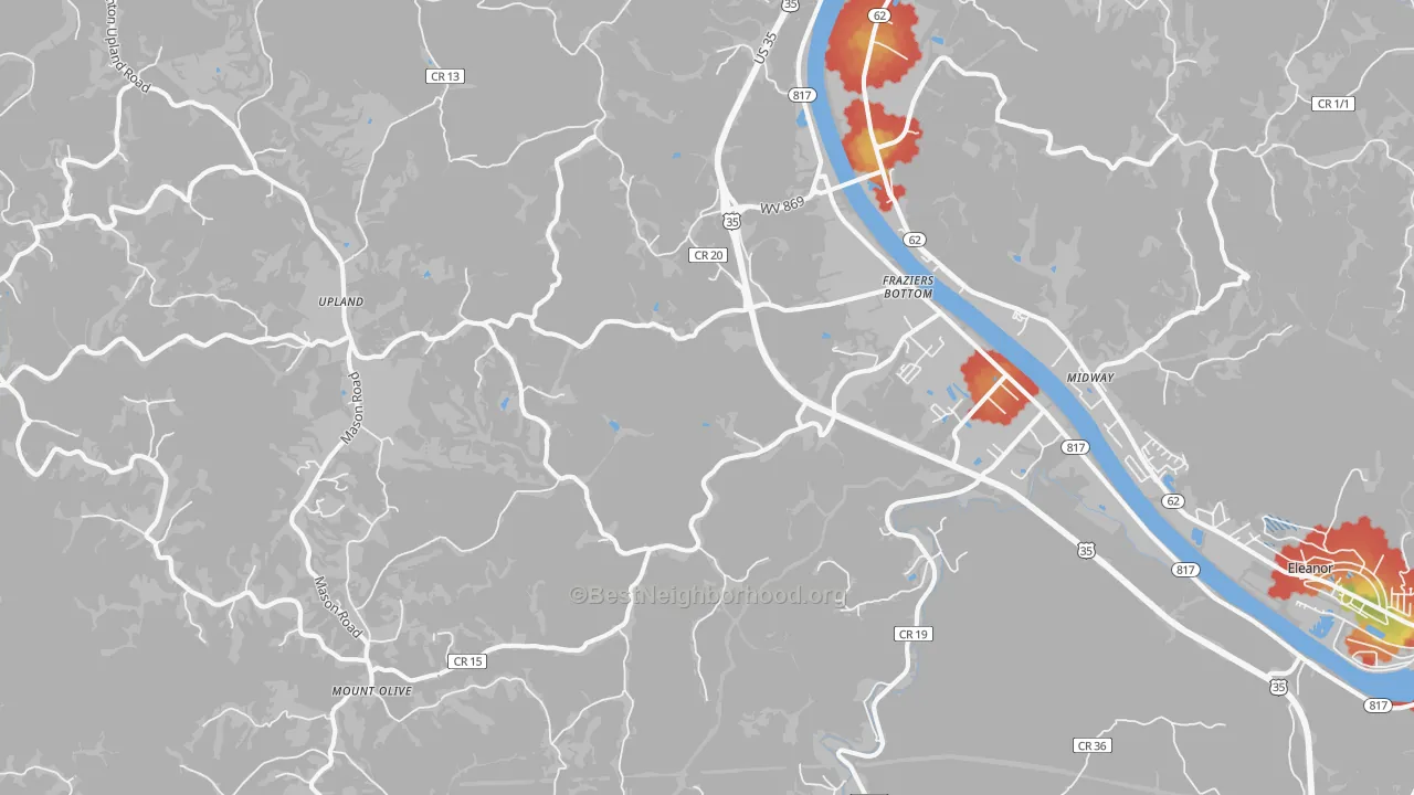 Walk Grade map of Fraziers Bottom, WV, walkable areas in green and car-dependent areas in red