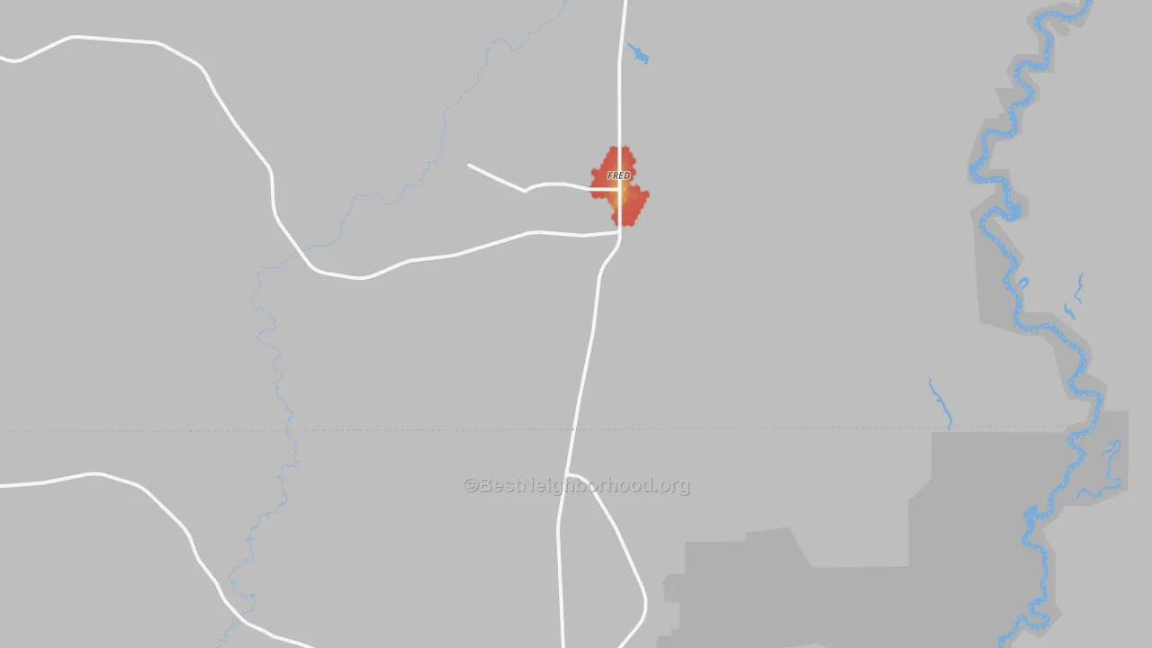 Walk Grade map of Fred, TX, walkable areas in green and car-dependent areas in red