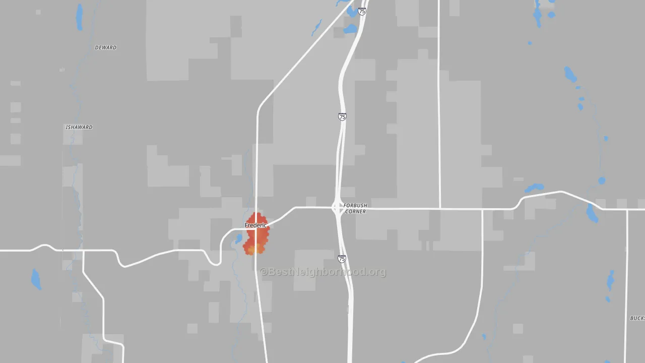 Walk Grade map of Frederic, MI, walkable areas in green and car-dependent areas in red