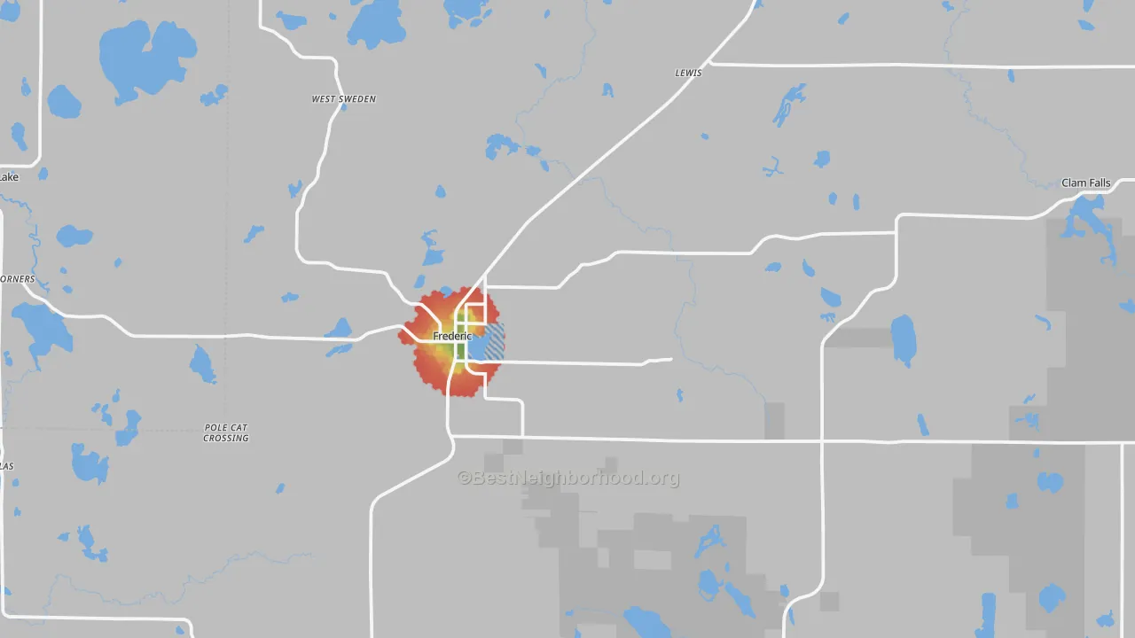 Walk Grade map of Frederic, WI, walkable areas in green and car-dependent areas in red