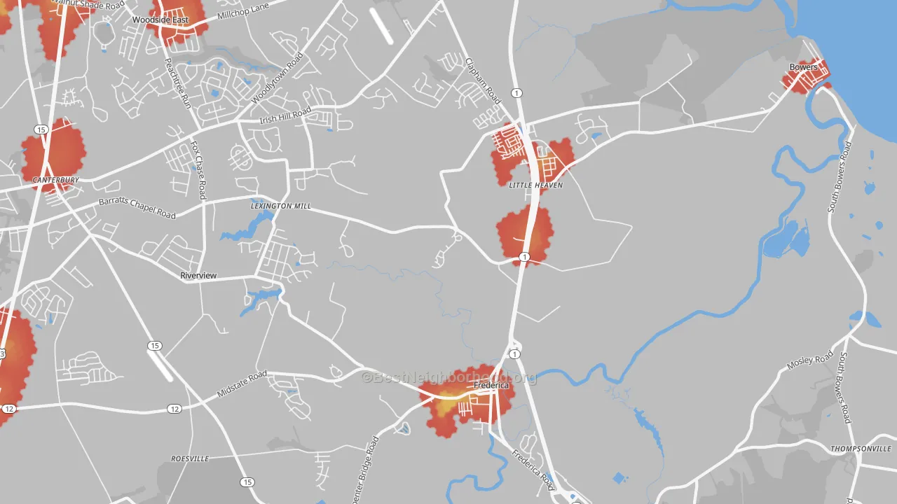 Walk Grade map of Frederica, DE, walkable areas in green and car-dependent areas in red