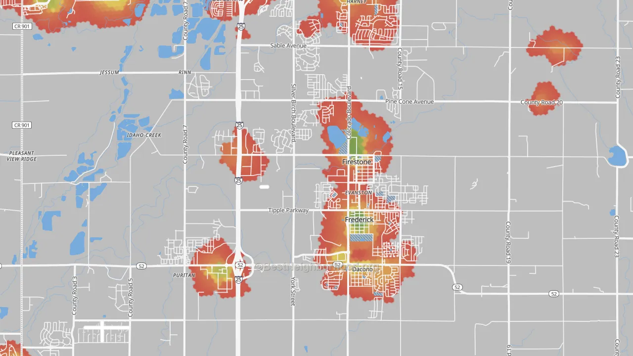 Walk Grade map of Frederick, CO, walkable areas in green and car-dependent areas in red