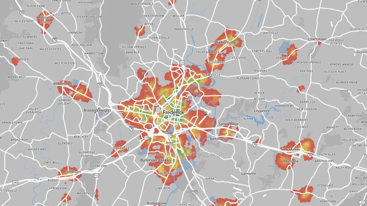 Walk Grade map of Frederick County, MD, walkable areas in green and car-dependent areas in red