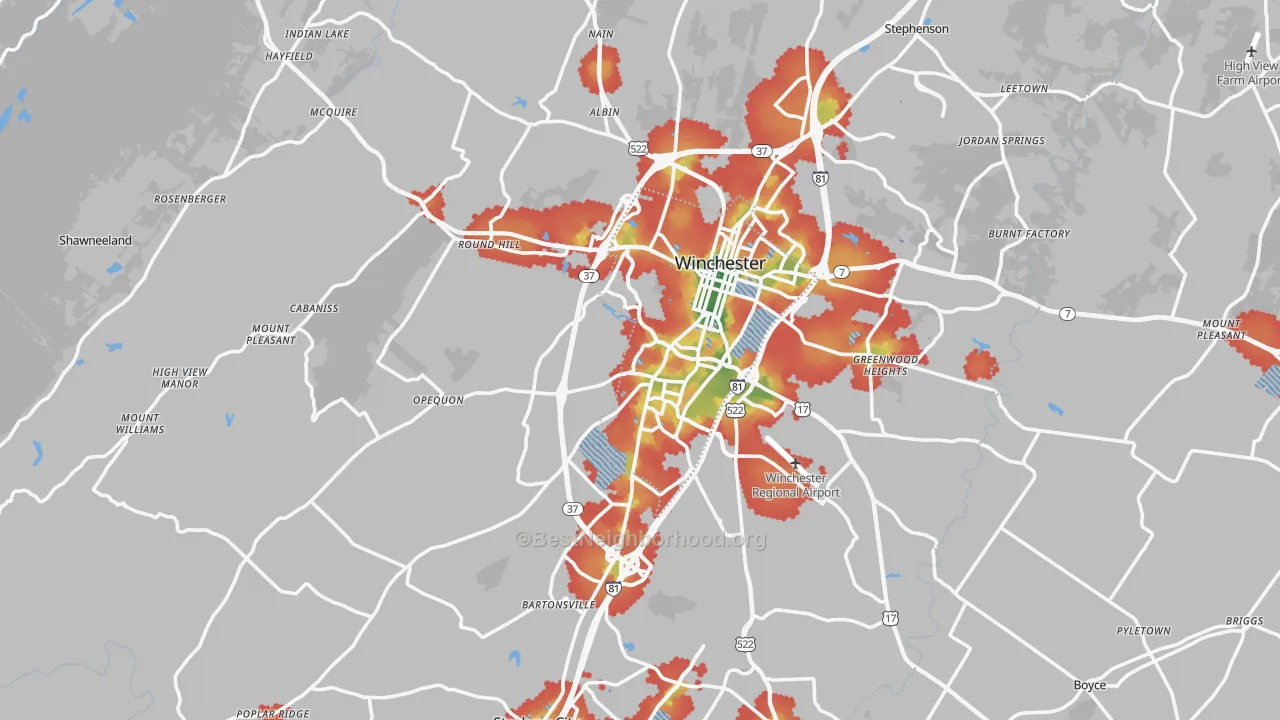Walk Grade map of Frederick County, VA, walkable areas in green and car-dependent areas in red