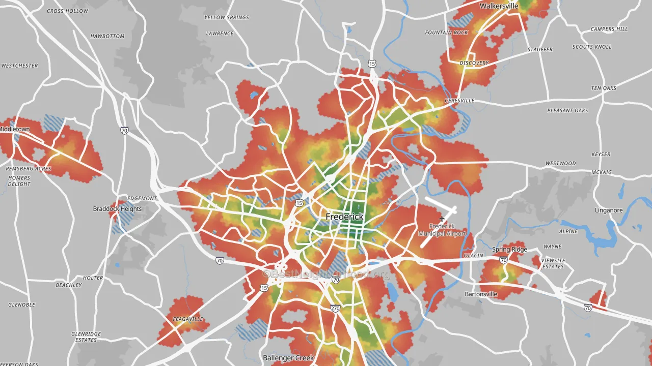 Walk Grade map of Frederick, MD, walkable areas in green and car-dependent areas in red