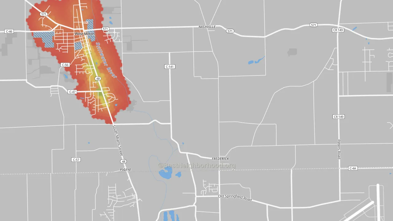 Walk Grade map of Frederick, OH, walkable areas in green and car-dependent areas in red