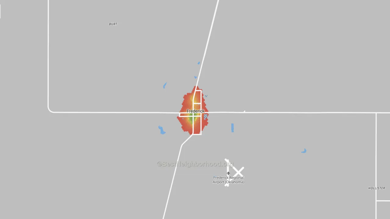 Walk Grade map of Frederick, OK, walkable areas in green and car-dependent areas in red