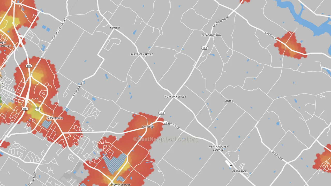Walk Grade map of Frederick, PA, walkable areas in green and car-dependent areas in red