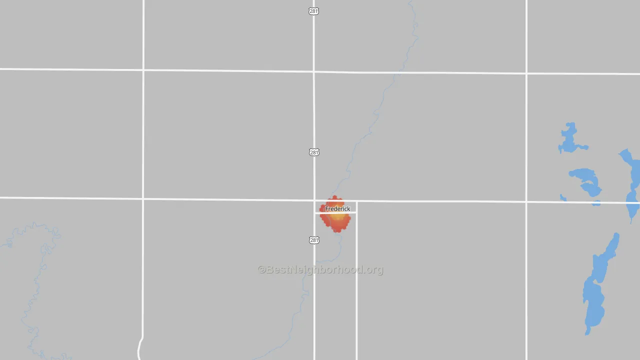 Walk Grade map of Frederick, SD, walkable areas in green and car-dependent areas in red