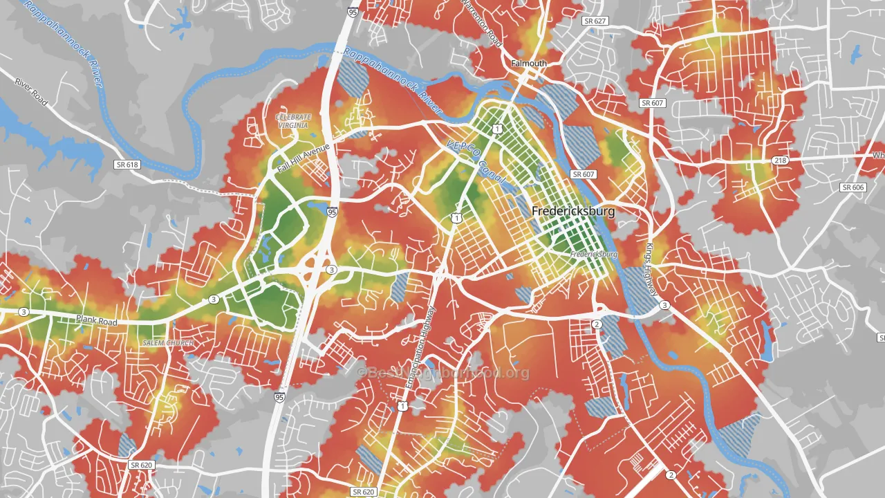 Walk Grade map of Fredericksburg City, VA, walkable areas in green and car-dependent areas in red