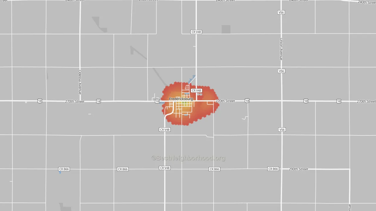Walk Grade map of Fredericksburg, IA, walkable areas in green and car-dependent areas in red
