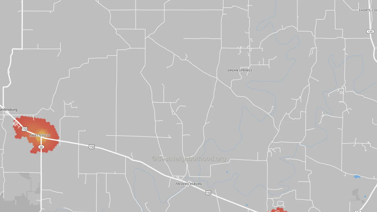 Walk Grade map of Fredericksburg, IN, walkable areas in green and car-dependent areas in red