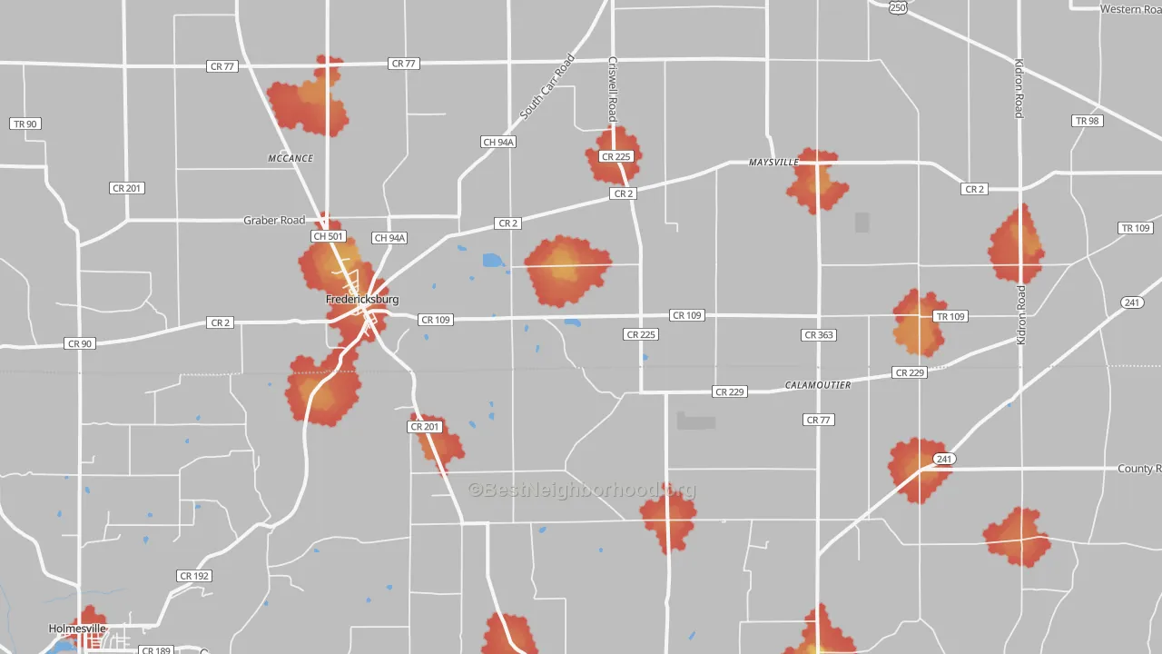 Walk Grade map of Fredericksburg, OH, walkable areas in green and car-dependent areas in red