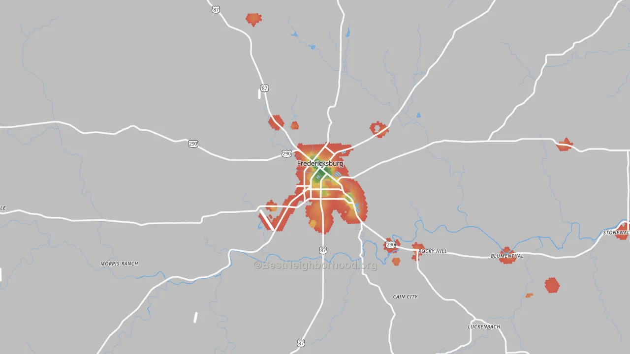 Walk Grade map of Fredericksburg, TX, walkable areas in green and car-dependent areas in red