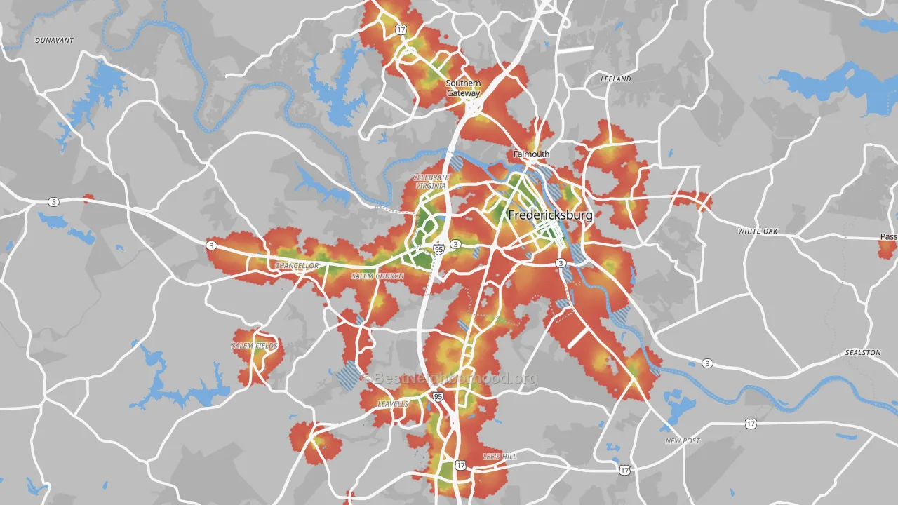 Walk Grade map of Fredericksburg, VA, walkable areas in green and car-dependent areas in red