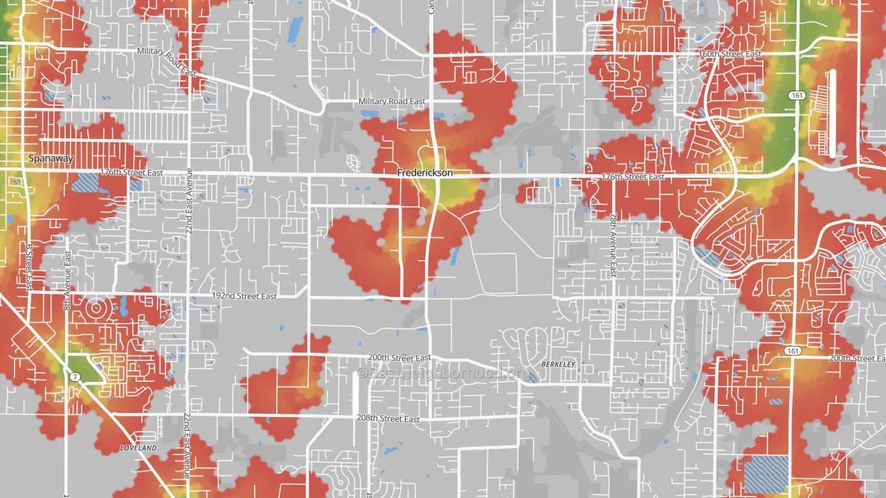 Walk Grade map of Frederickson, Tacoma, WA, walkable areas in green and car-dependent areas in red