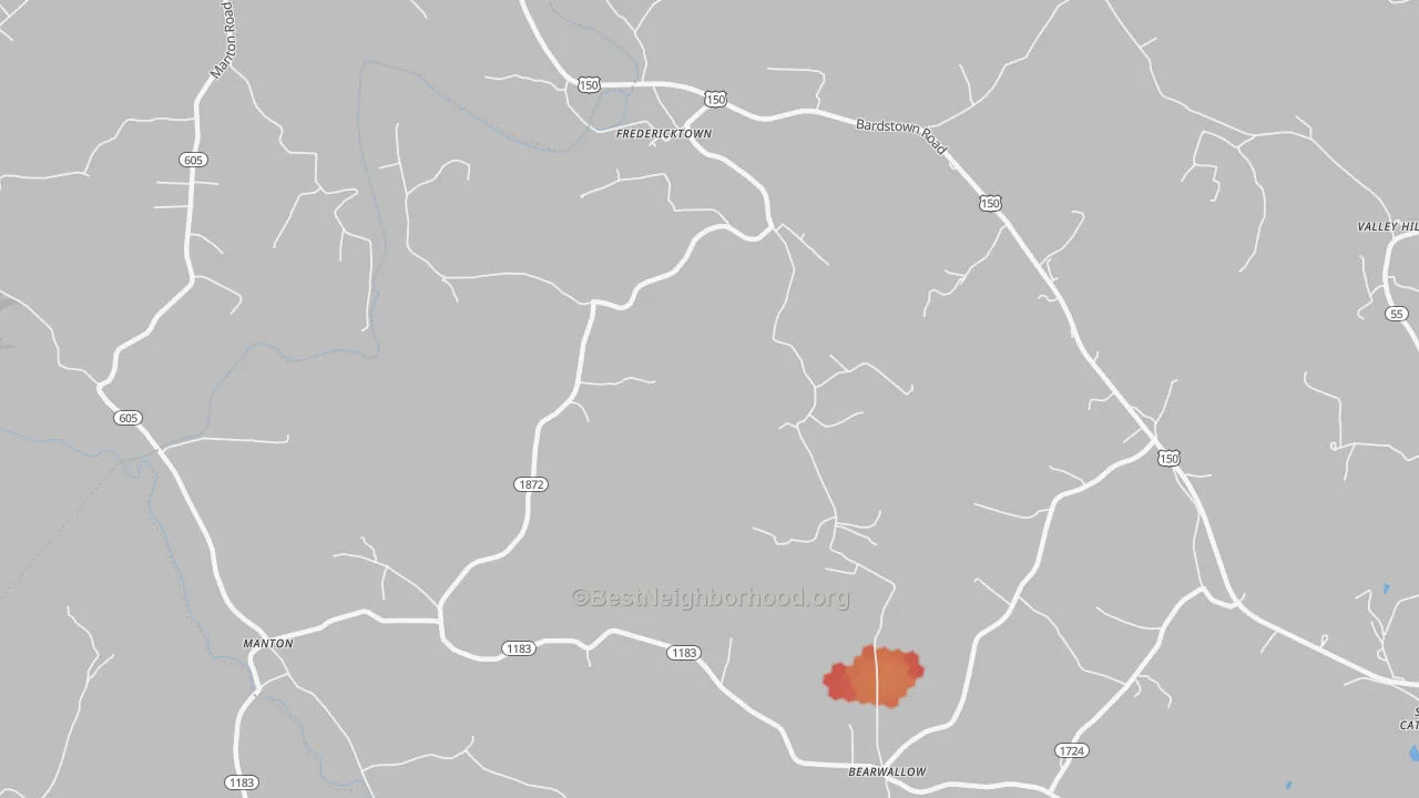 Walk Grade map of Fredericktown, KY, walkable areas in green and car-dependent areas in red