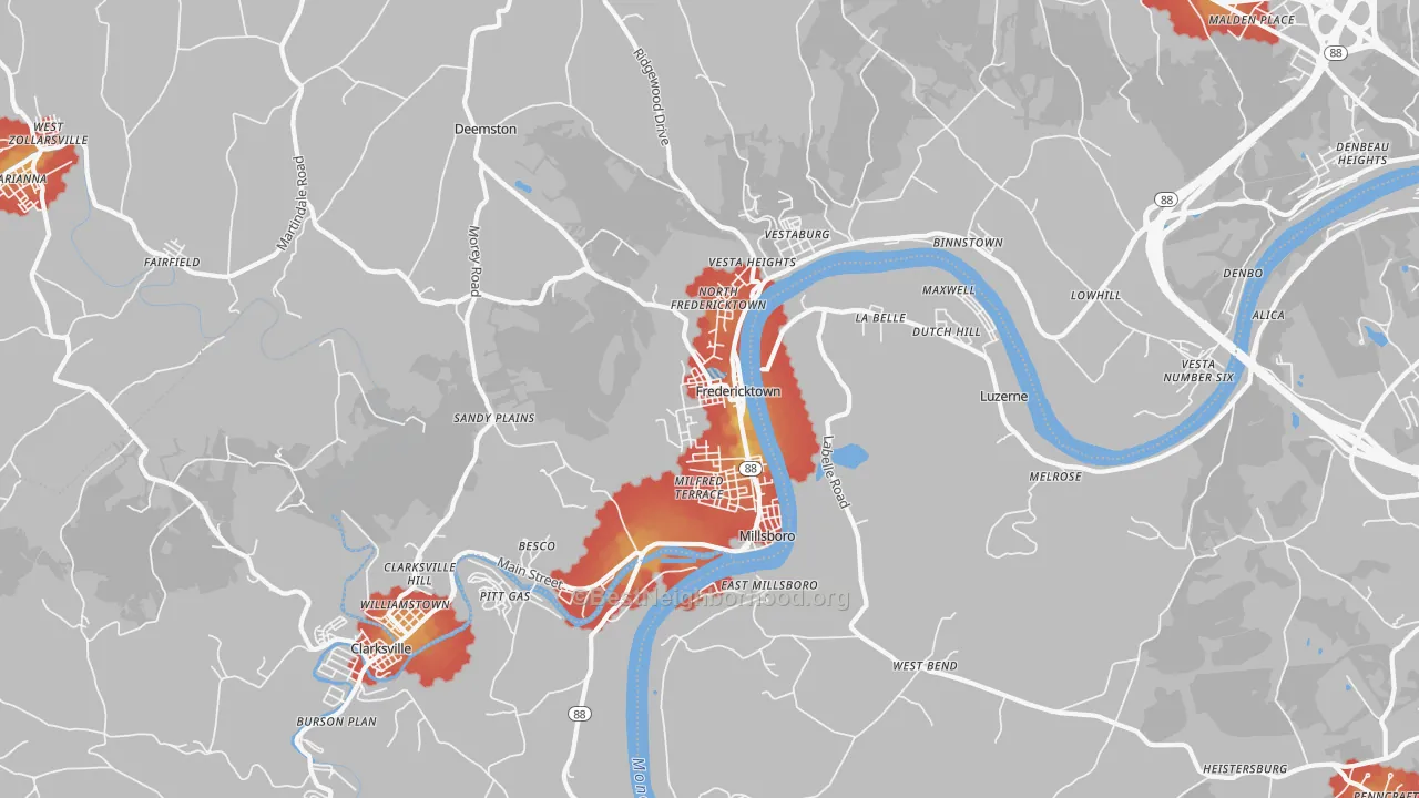 Walk Grade map of Fredericktown, PA, walkable areas in green and car-dependent areas in red