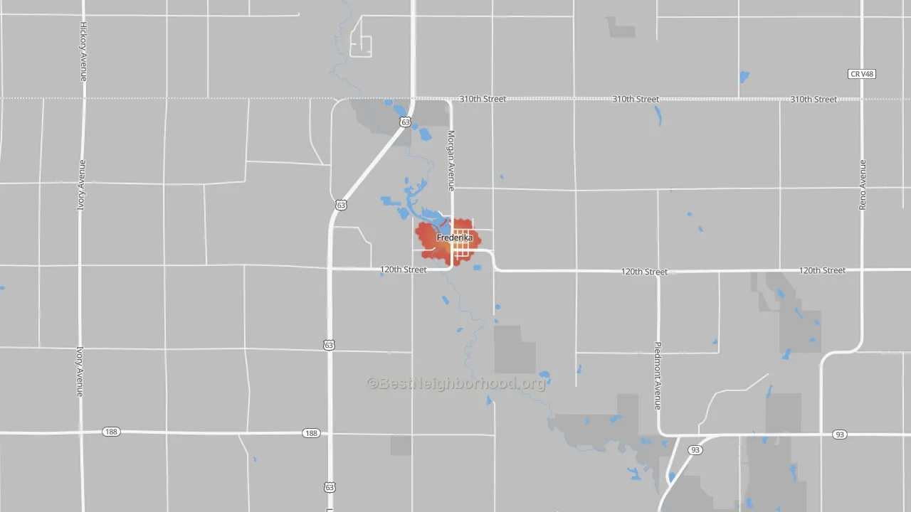 Walk Grade map of Frederika, IA, walkable areas in green and car-dependent areas in red