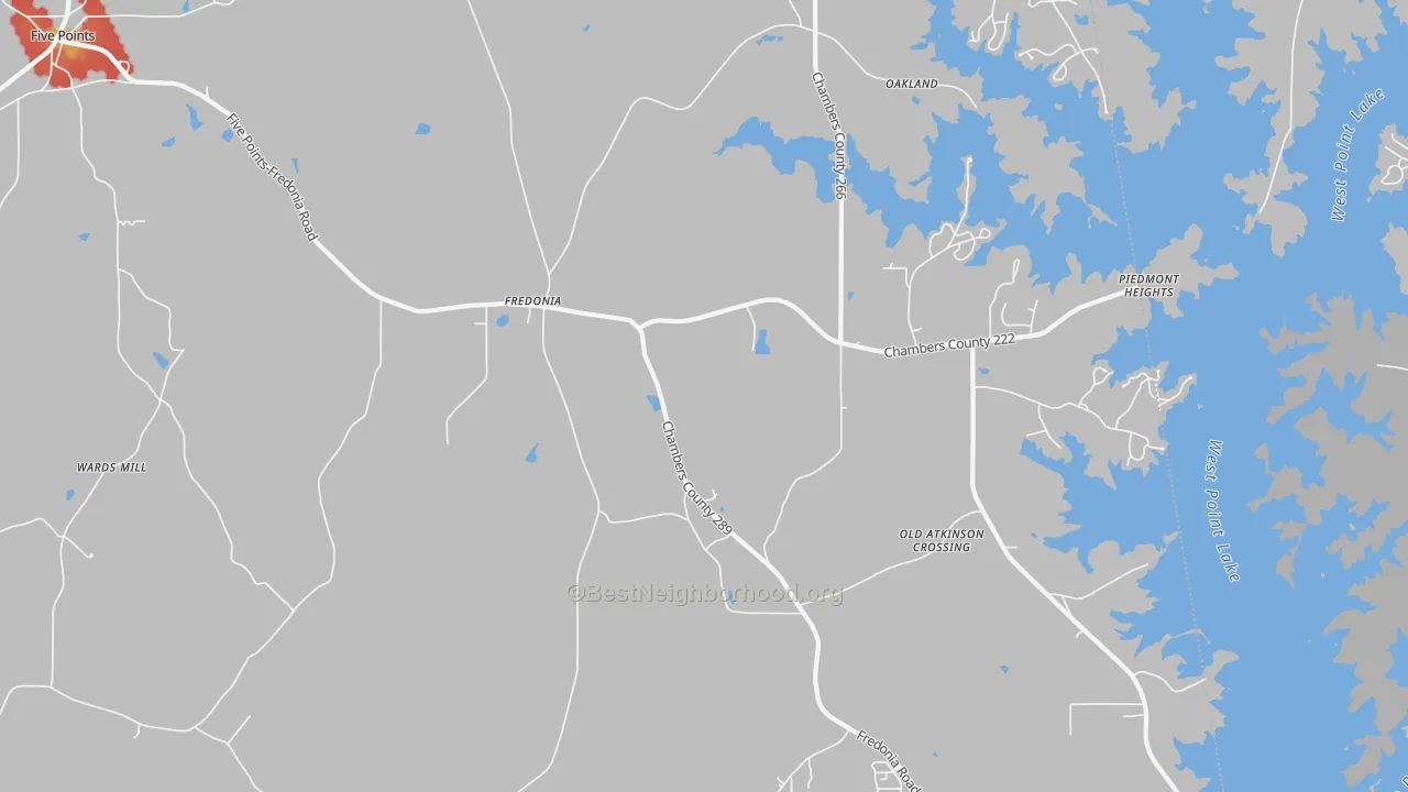 Walk Grade map of Fredonia, AL, walkable areas in green and car-dependent areas in red