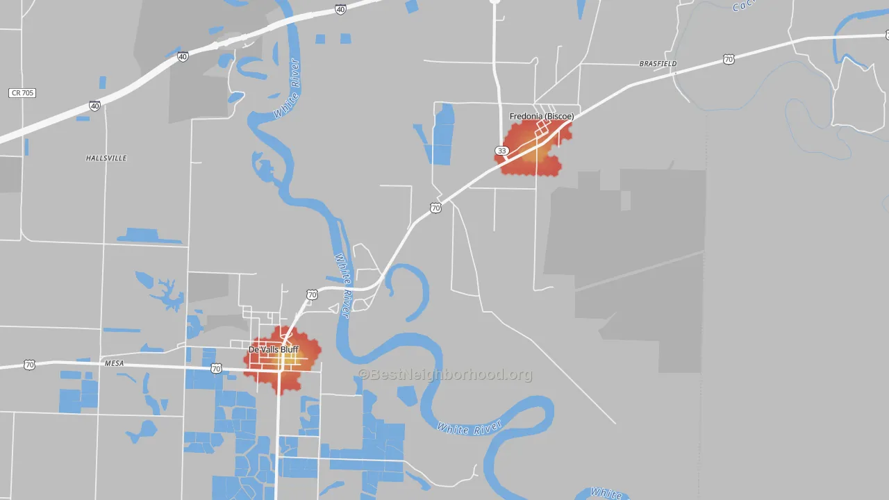 Walk Grade map of Fredonia, AR, walkable areas in green and car-dependent areas in red