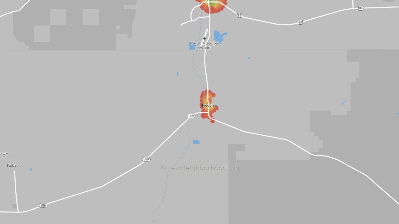 Walk Grade map of Fredonia, AZ, walkable areas in green and car-dependent areas in red