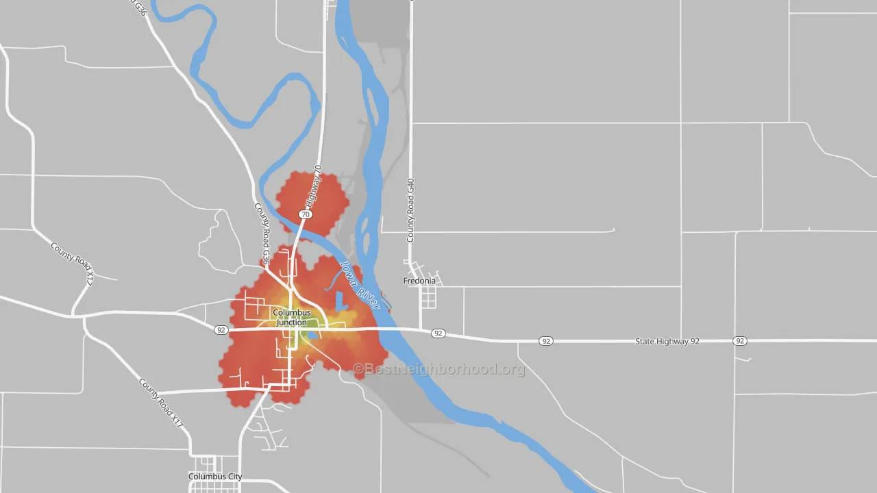 Walk Grade map of Fredonia, IA, walkable areas in green and car-dependent areas in red