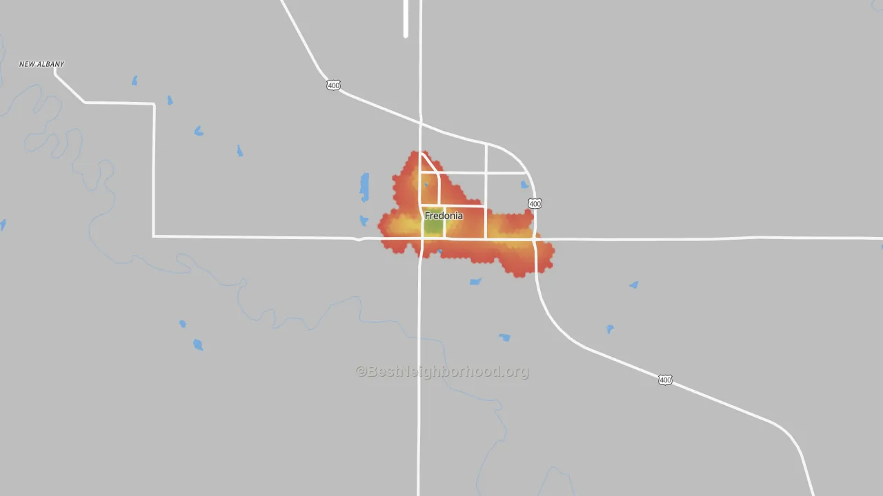 Walk Grade map of Fredonia, KS, walkable areas in green and car-dependent areas in red