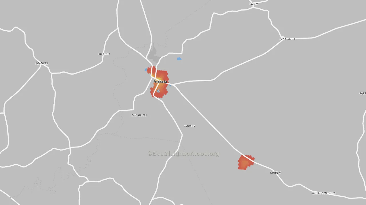 Walk Grade map of Fredonia, KY, walkable areas in green and car-dependent areas in red