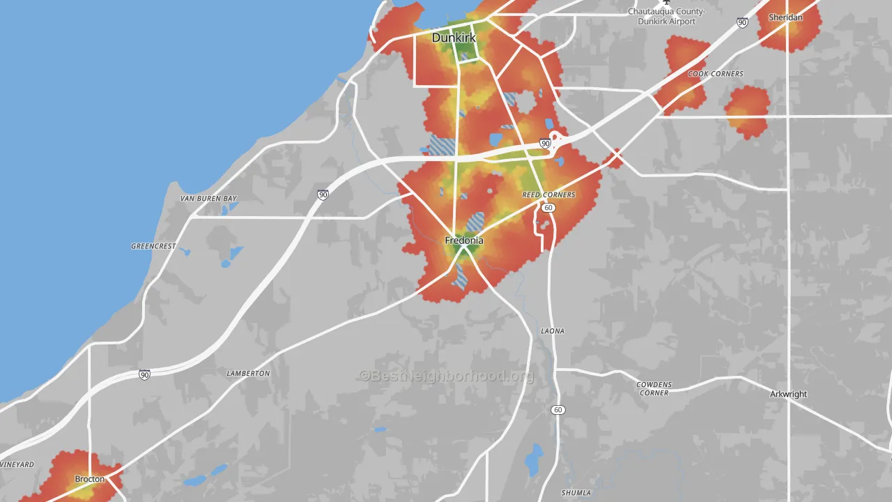 Walk Grade map of Fredonia, NY, walkable areas in green and car-dependent areas in red