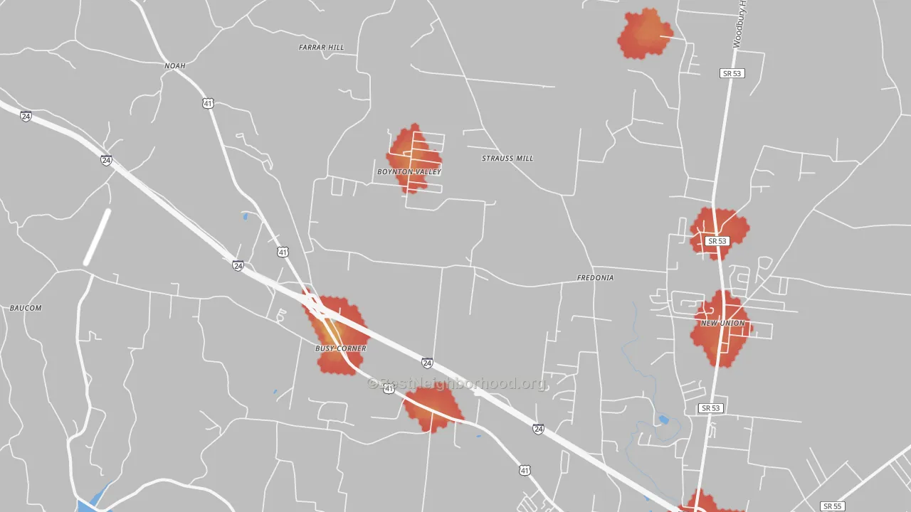 Walk Grade map of Fredonia, TN, walkable areas in green and car-dependent areas in red