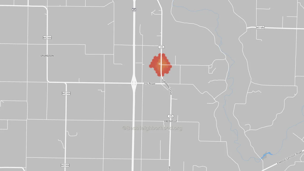 Walk Grade map of Fredville, MO, walkable areas in green and car-dependent areas in red