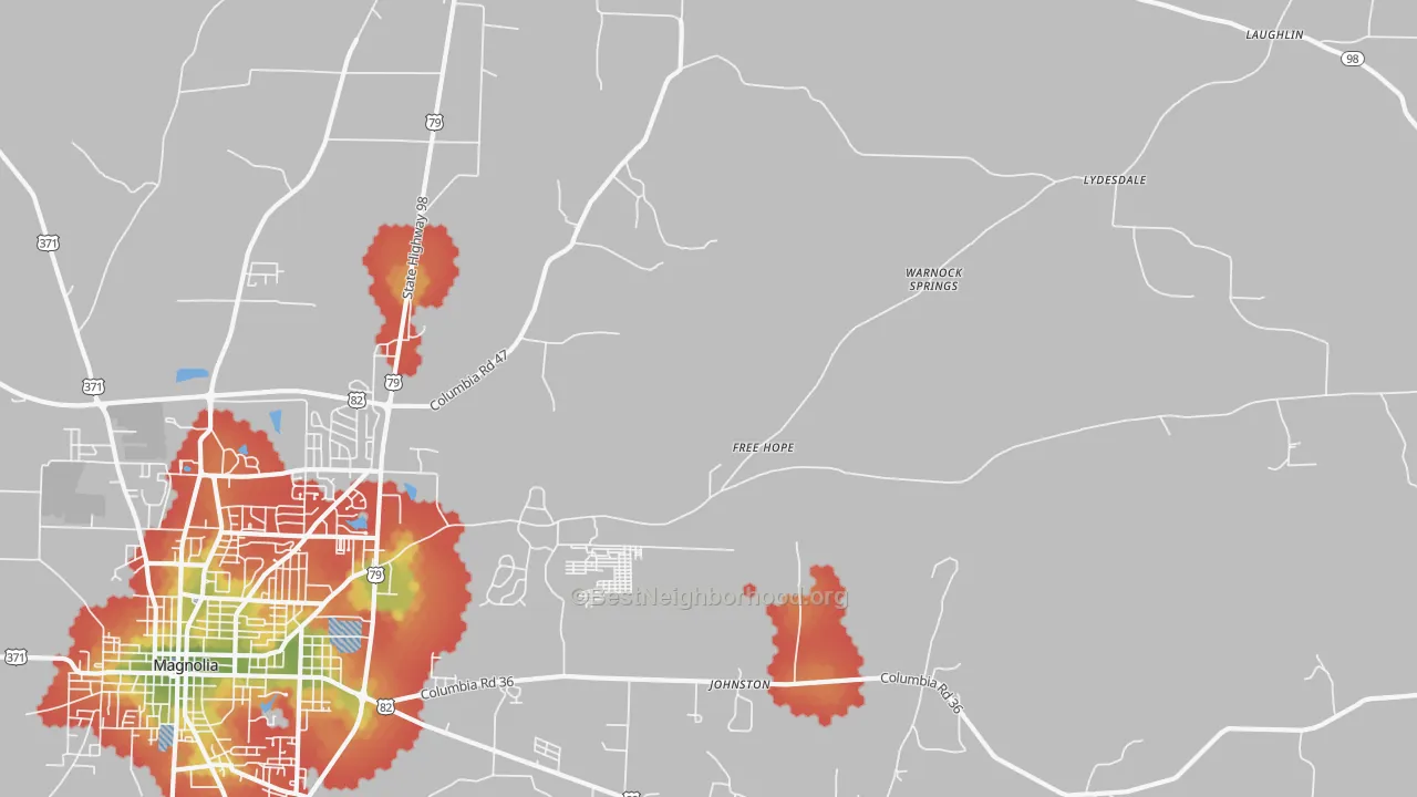 Walk Grade map of Free Hope, AR, walkable areas in green and car-dependent areas in red