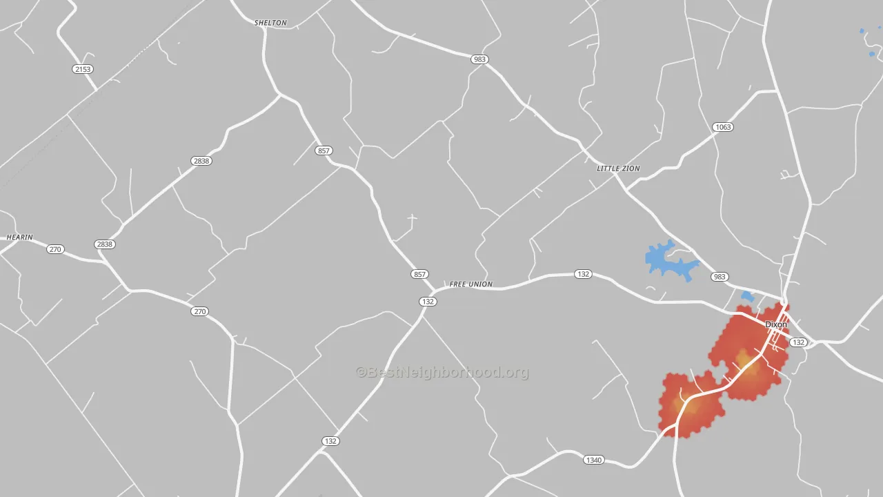 Walk Grade map of Free Union, KY, walkable areas in green and car-dependent areas in red