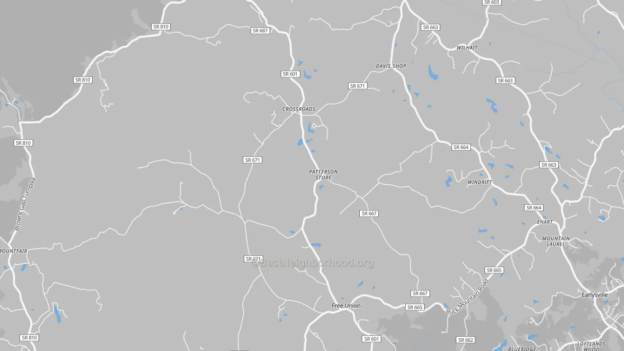 Walk Grade map of Free Union, VA, walkable areas in green and car-dependent areas in red