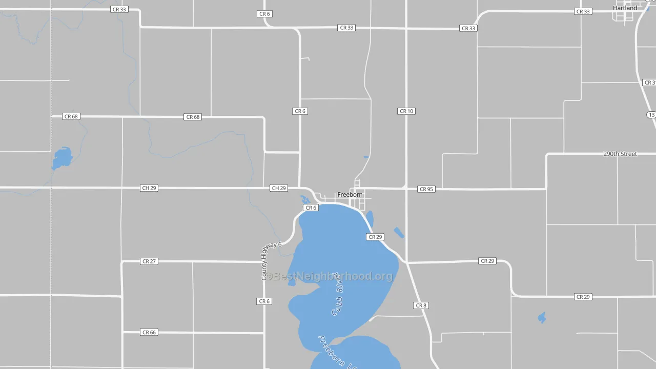 Walk Grade map of Freeborn, MN, walkable areas in green and car-dependent areas in red